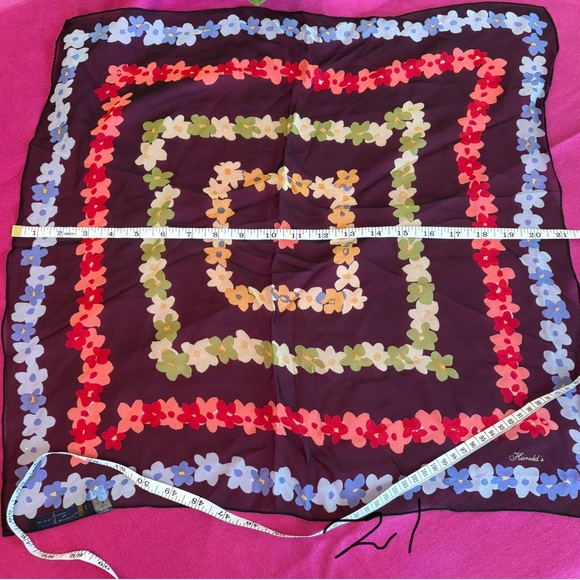 Vintage Harold's Silk Square Scarf, Red Green Yellow Blue Floral, 22 x 22 inches - Picture 3 of 7